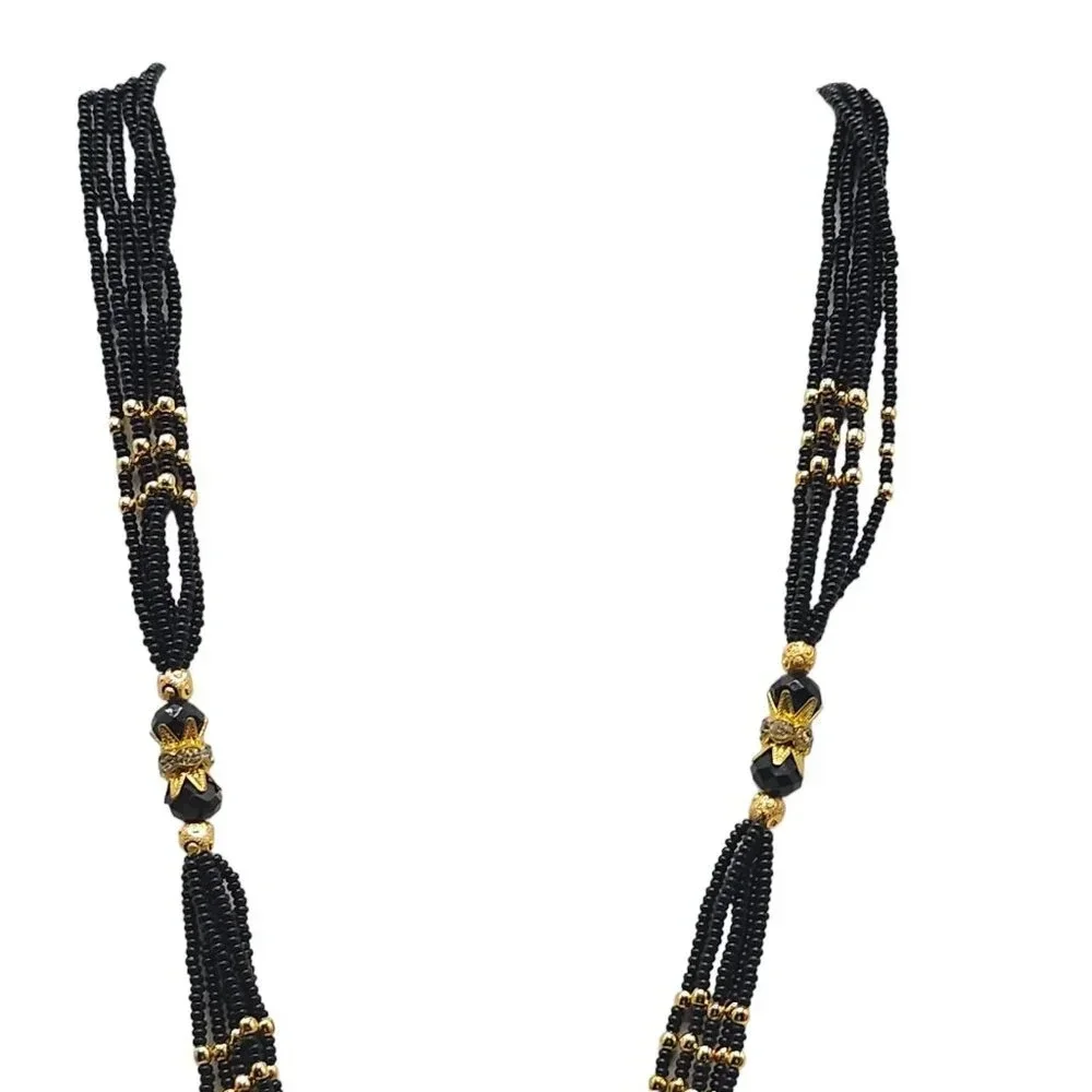 Clear Rhinestone Black Seed Beaded Pendant Necklace Gold Tone Vintage